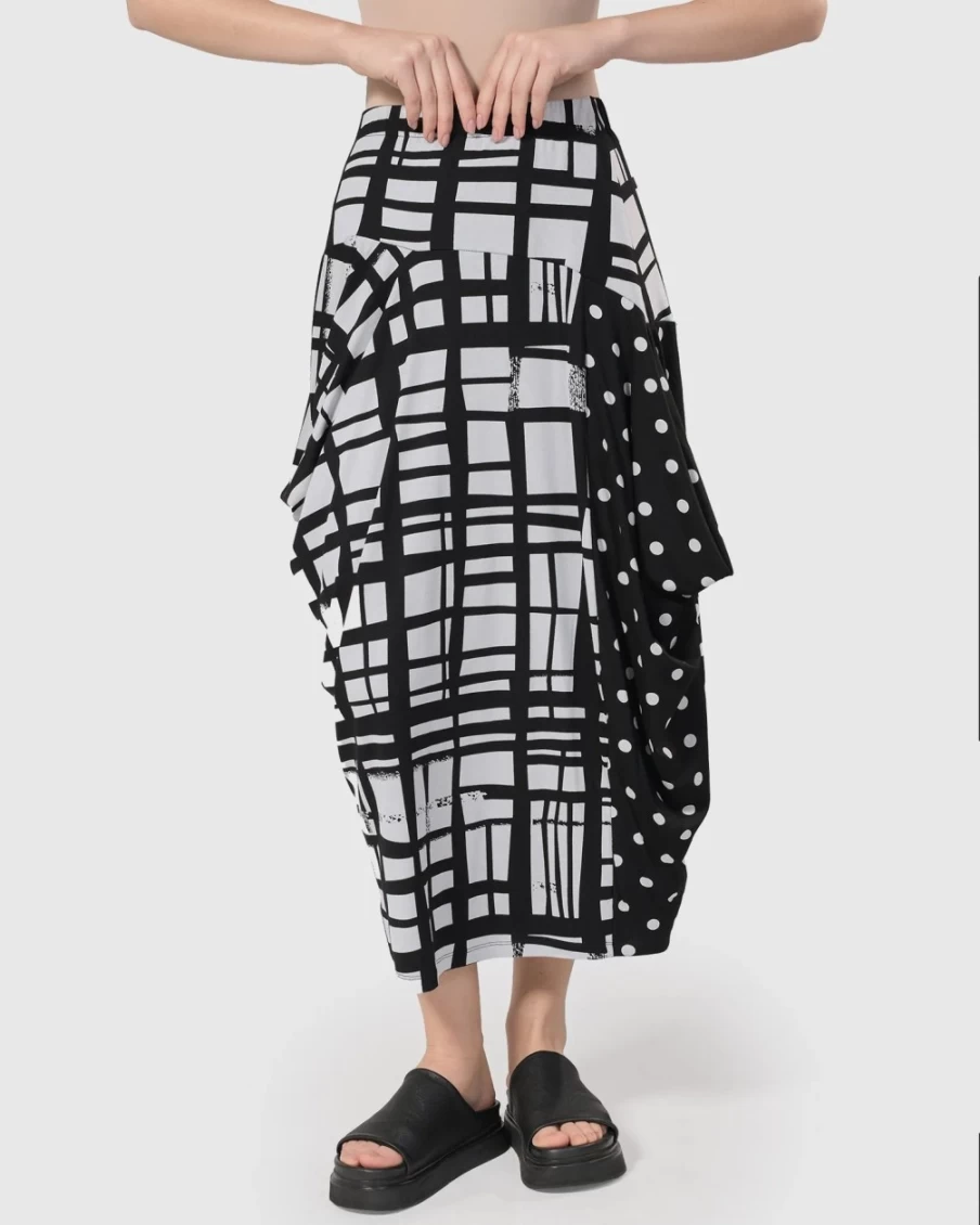 ALEMBIKA Women's Satellite Skirt - Stylish Mix Pattern Flared Midi Skirt for Women