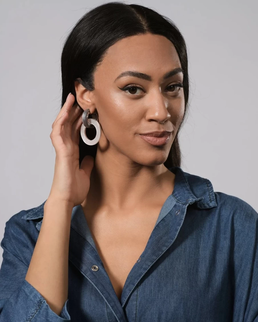 ALEMBIKA Women's Circle Duet Earrings in Frosted Silver – Elegant Hoop Earrings for Everyday Wear