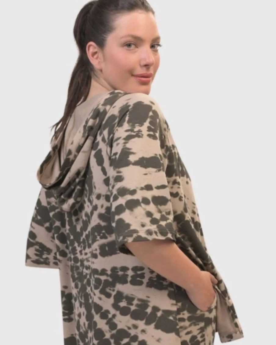 ALEMBIKA Women's Inhale Hooded Hi-Lo Top in Stone Tie-Dye Stylish Casual Pullover