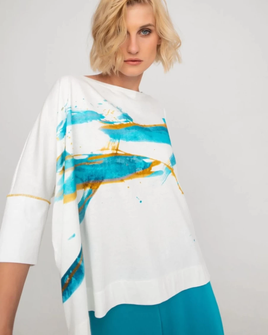 ALEMBIKA Women's Oversized Seagull Print Top - White & Turquoise Bohemian Style Blouse