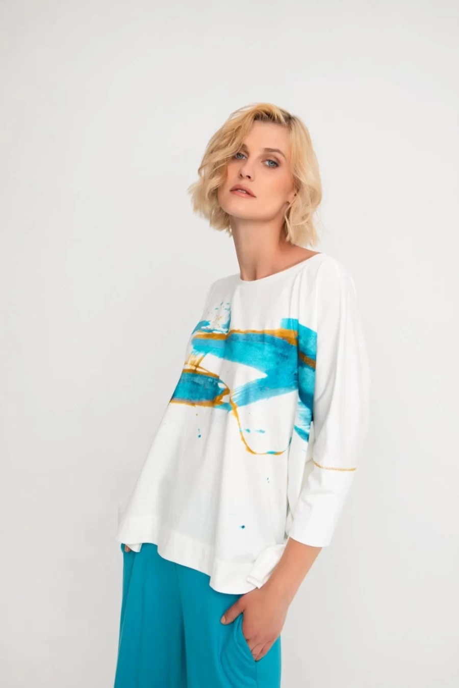 ALEMBIKA Women's Oversized Seagull Print Top - White & Turquoise Bohemian Style Blouse