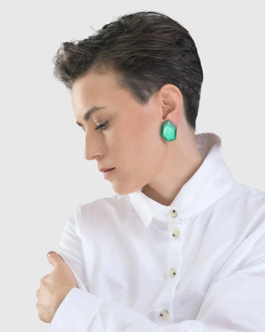 ALEMBIKA Women's Green Sea Faceted Clip-On Earrings, Handmade Bohemian Jewelry