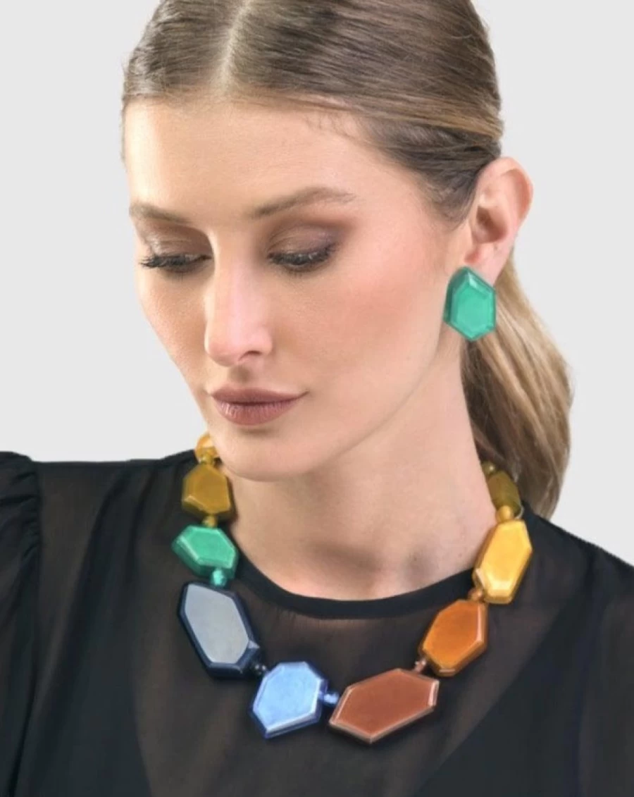 ALEMBIKA Women's Green Sea Faceted Clip-On Earrings, Handmade Bohemian Jewelry