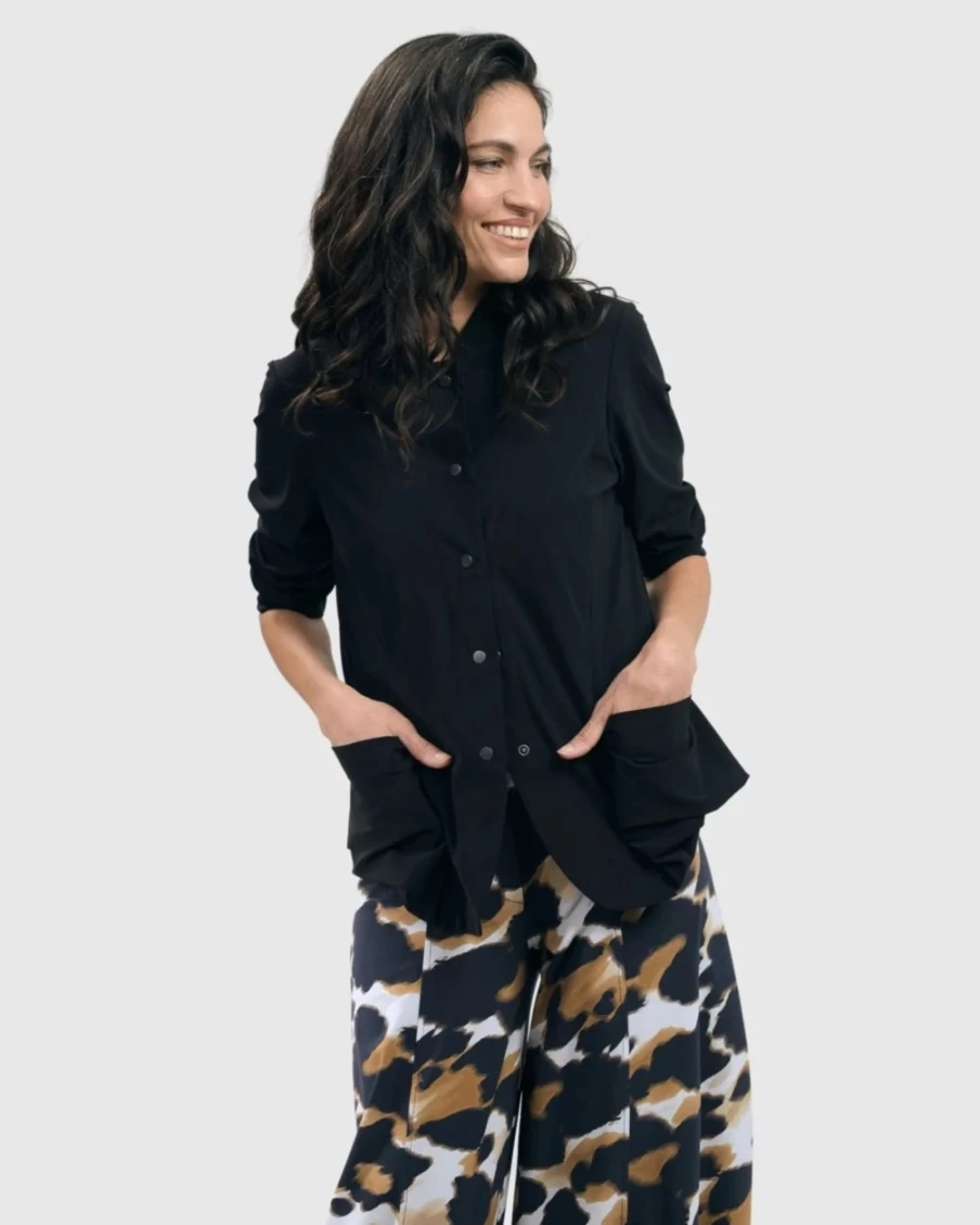 ALEMBIKA Women's Black Relaxed Fit Shirt Jacket - Tekbika Style Outerwear