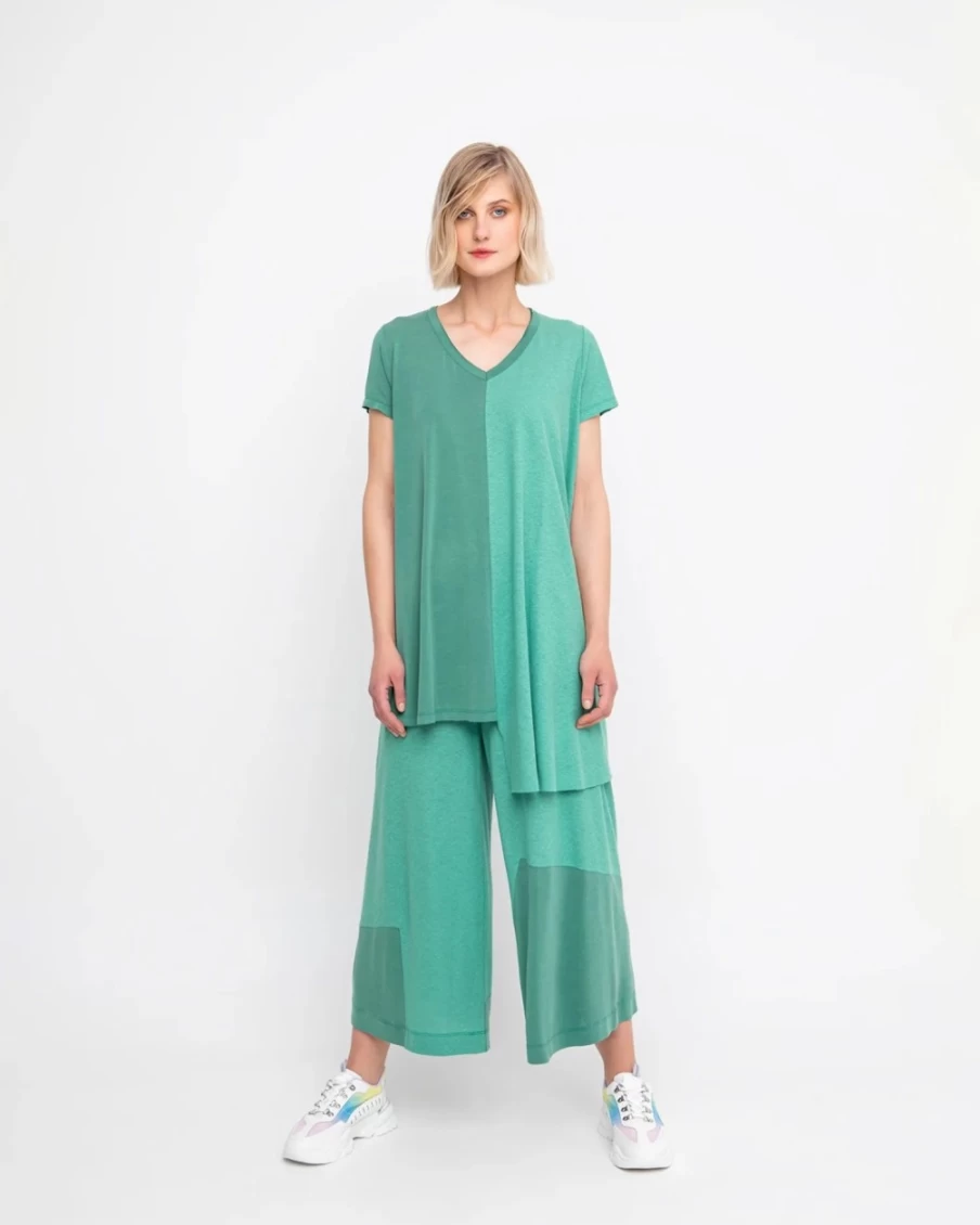 ALEMBIKA Women's Ozai N Ku High-Waisted Cropped Wide Leg Pants in Green - Boho Chic Linen Trousers