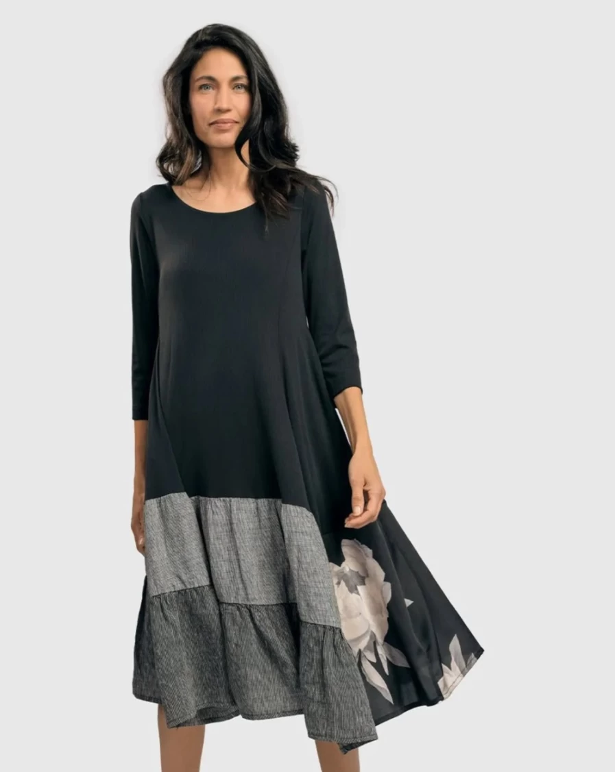 ALEMBIKA Women's Ayla Cupro Swing Dress with Roses Print - Flowy Boho Style Dress