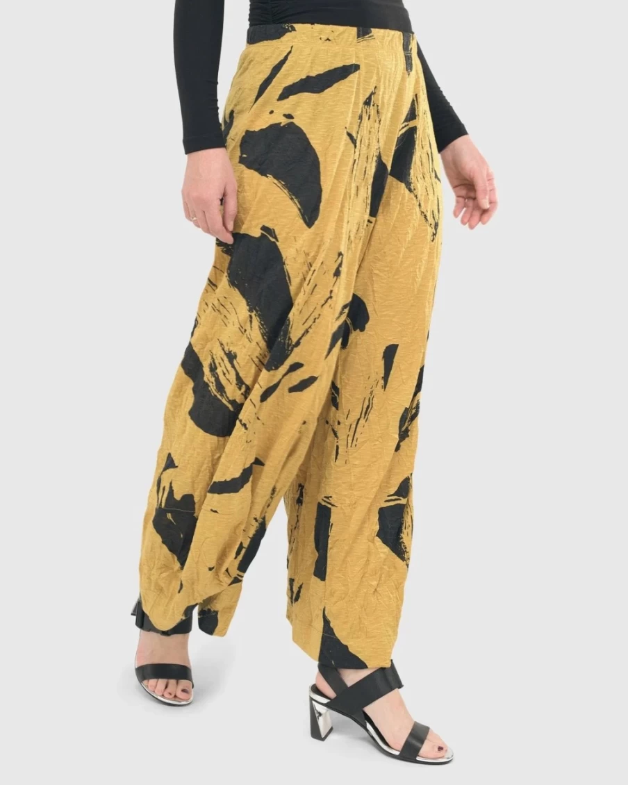 ALEMBIKA Women's Ru Crinkle High-Waisted Punto Pants in Yellow - Boho Chic Casual Trousers