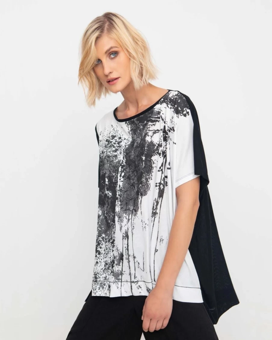 ALEMBIKA Women's Swing Top - Ozai N Ku Art House Design in White & Black