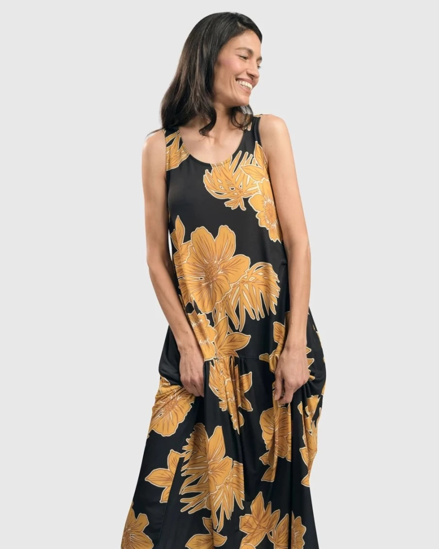 ALEMBIKA Women's Gold Aloha Sleeveless Maxi Dress for Beach Vacation