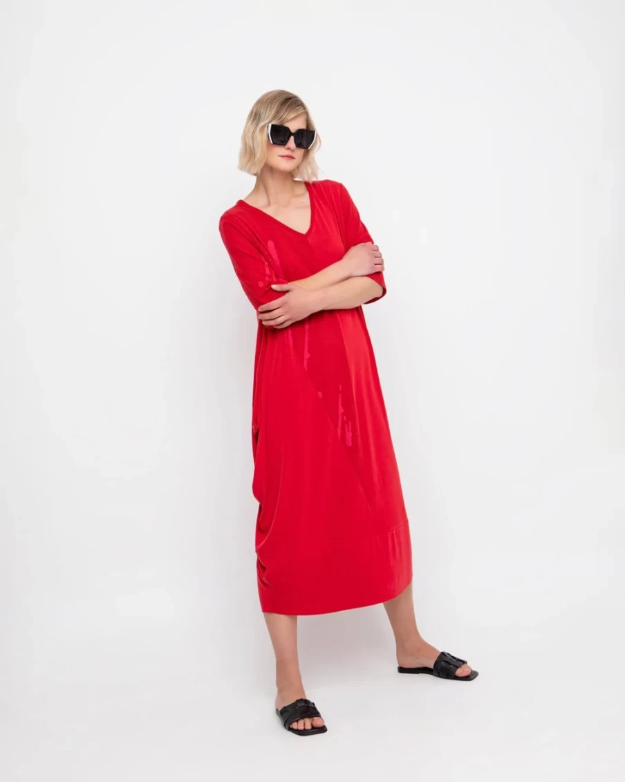 ALEMBIKA Women's Ozai N Ku Rock Lobster Midi Dress in Red - Elegant Casual Summer Dress