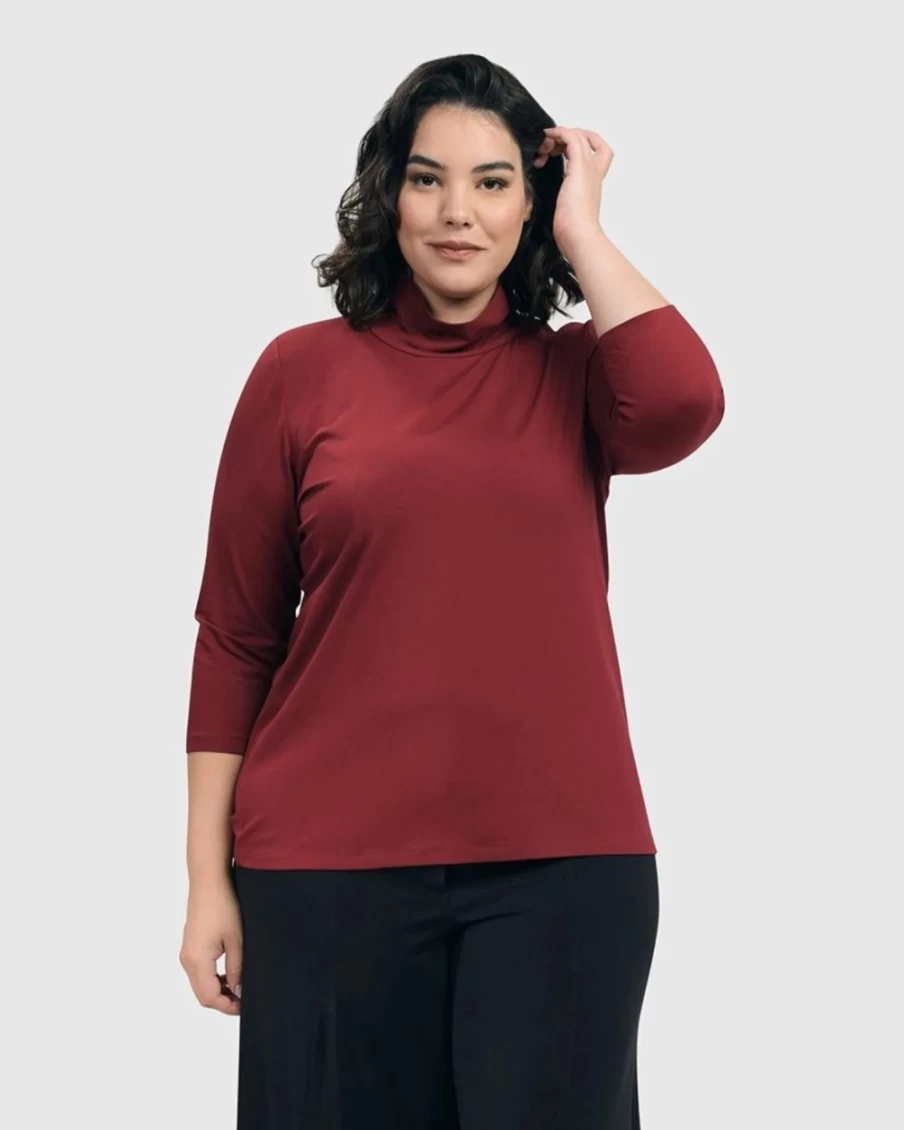 ALEMBIKA Women's Essential Mockneck Top in Plum - Soft Stretch Comfort Fit Long Sleeve Blouse