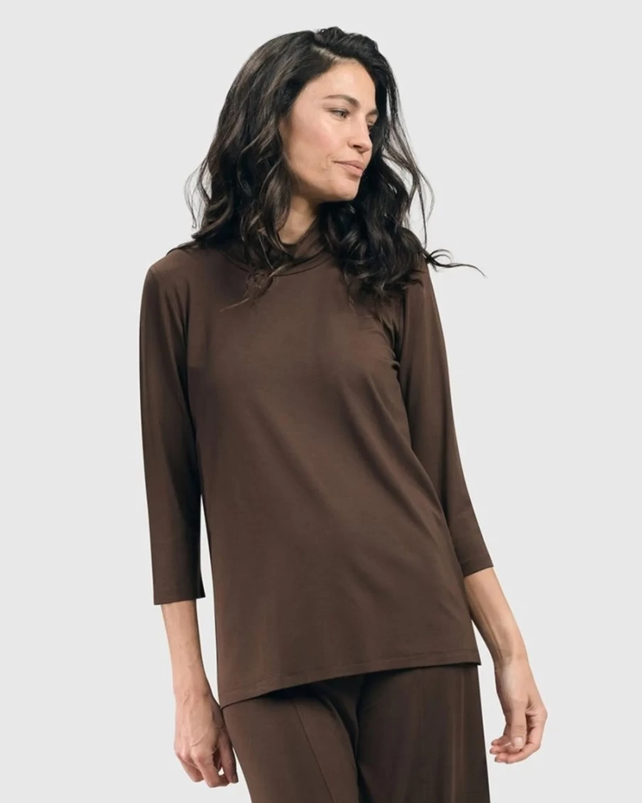 ALEMBIKA Women's Essential Mockneck Top in Coffee - Soft Stretch Casual Long Sleeve Shirt