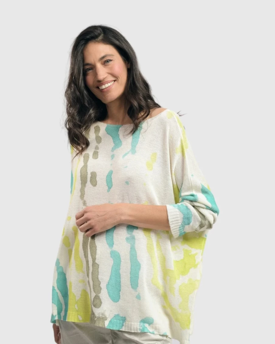ALEMBIKA Women's Lagoon Blue Watercolor Print Boxy Sweater - Casual Knit Top