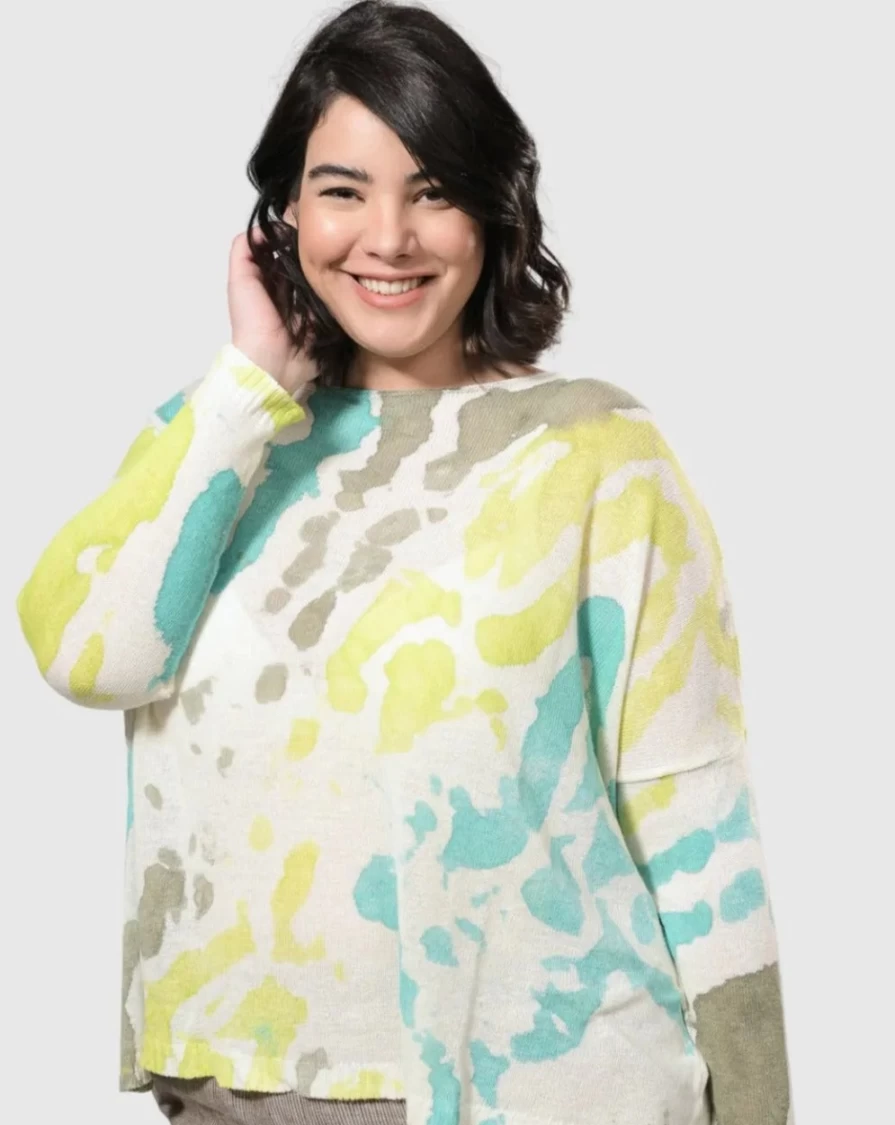ALEMBIKA Women's Lagoon Blue Watercolor Print Boxy Sweater - Casual Knit Top