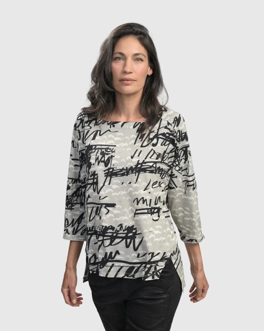 ALEMBIKA Women's Flirty Cutaway Boxy Top with Script Detail - Stylish Casual Blouse