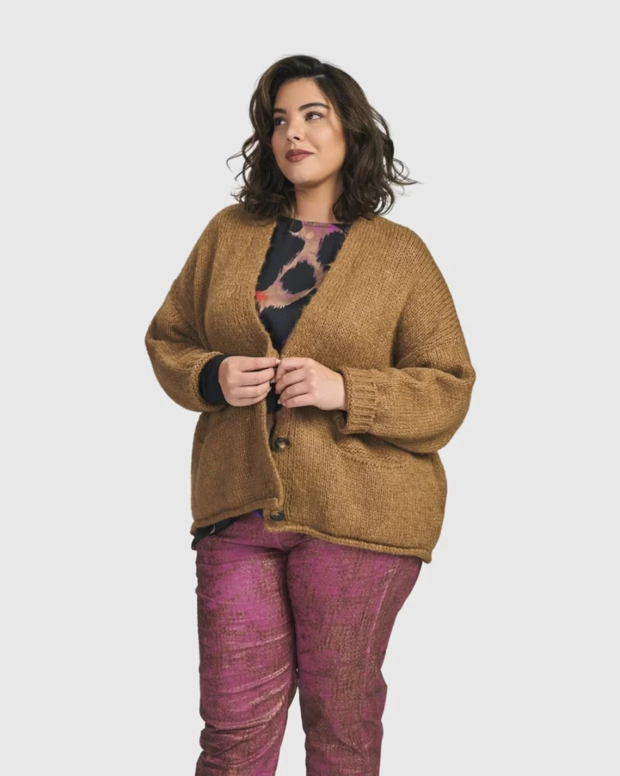 ALEMBIKA Women's Sylvia Crop Cardigan in Sepia - Soft Knit Button-Up Sweater