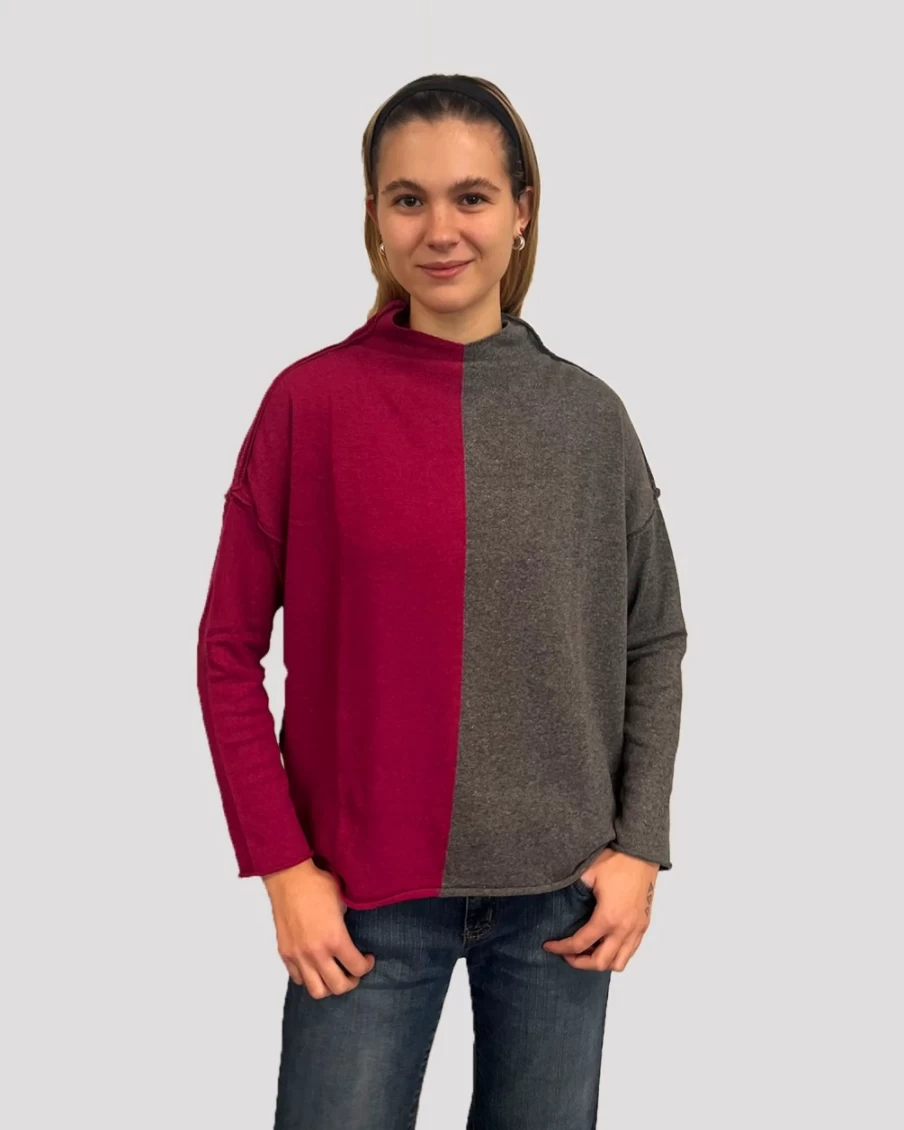 ALEMBIKA Women's Ozai N Ku Split Screen Sweater in Ruby - Stylish Knit Pullover