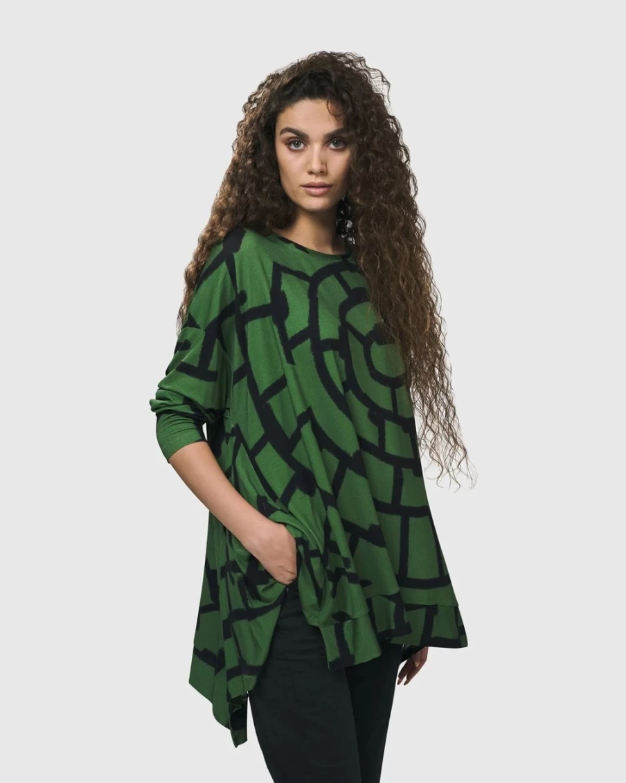 ALEMBIKA Women's Hypnotic Swing Tunic Top - Flowy Clover Print Boho Blouse