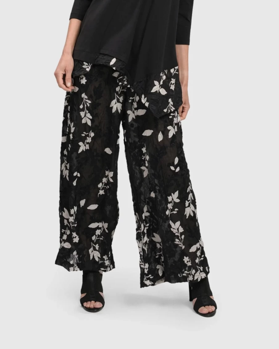 ALEMBIKA Women's Cultured Club Palazzo Pants with Leaf Design - Boho Chic Wide Leg Trousers