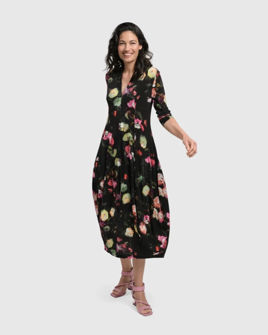 ALEMBIKA Women's Cocoon Dress - Floral Bouquet Print Elegant Party Wear