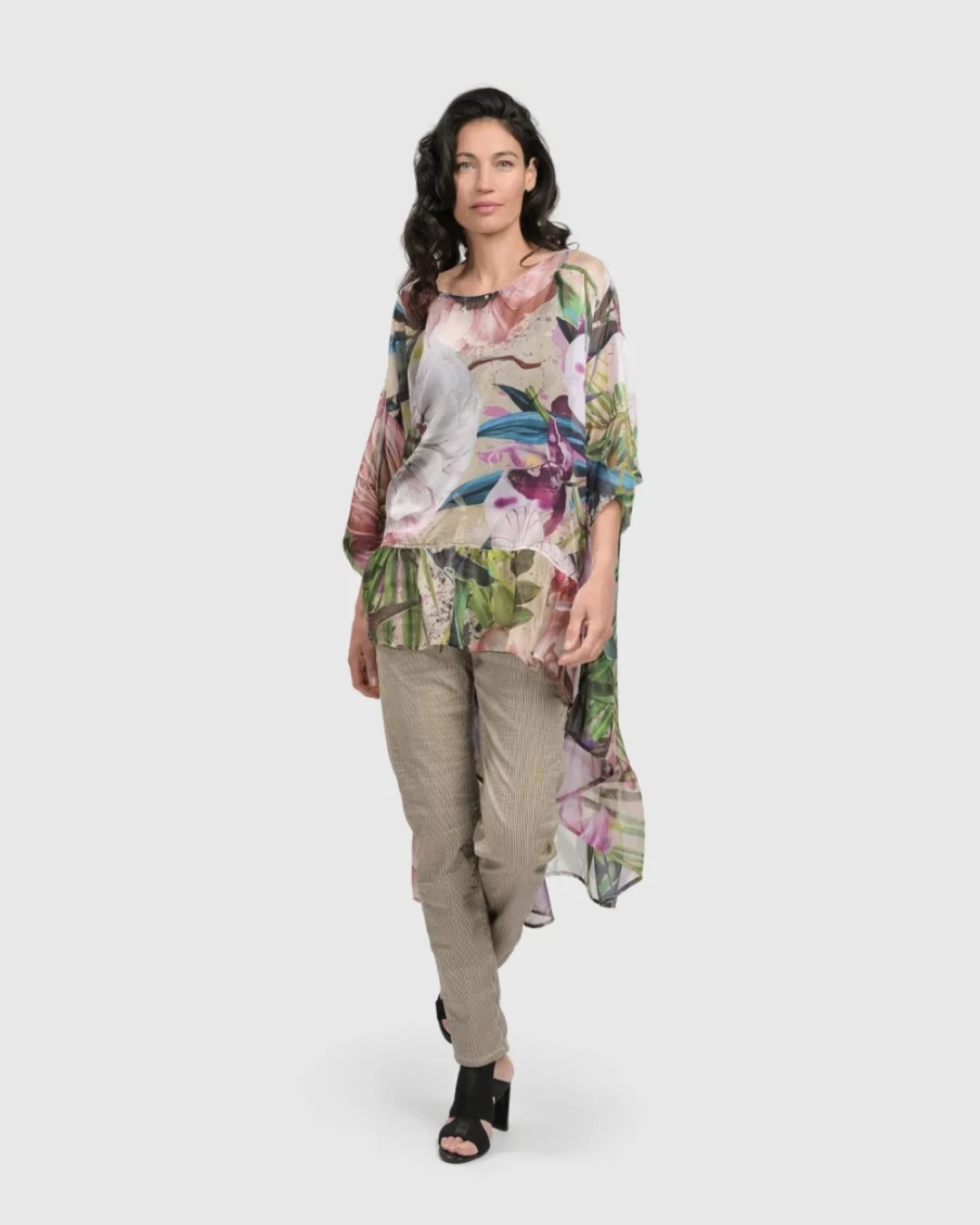 ALEMBIKA Women's Moonflower Hi-Lo Tunic Top Floral Bouquet Print Blouse
