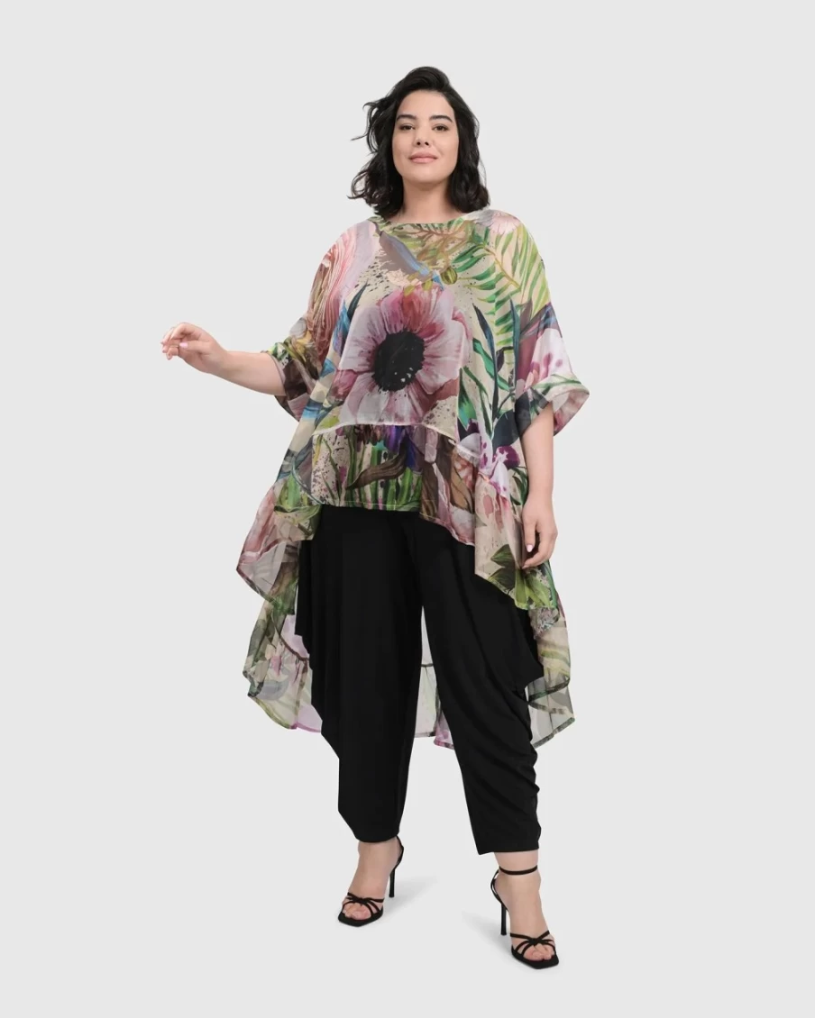 ALEMBIKA Women's Moonflower Hi-Lo Tunic Top Floral Bouquet Print Blouse