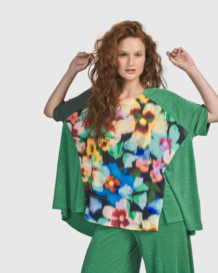 ALEMBIKA Women's Floral Forget-Me-Not Trapeze Top - Garden Inspired Blouse for Women