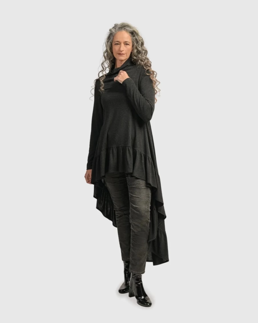 ALEMBIKA Women's Urban Hi-Lo Katniss Top in Charcoal - Stylish Asymmetrical Casual Blouse