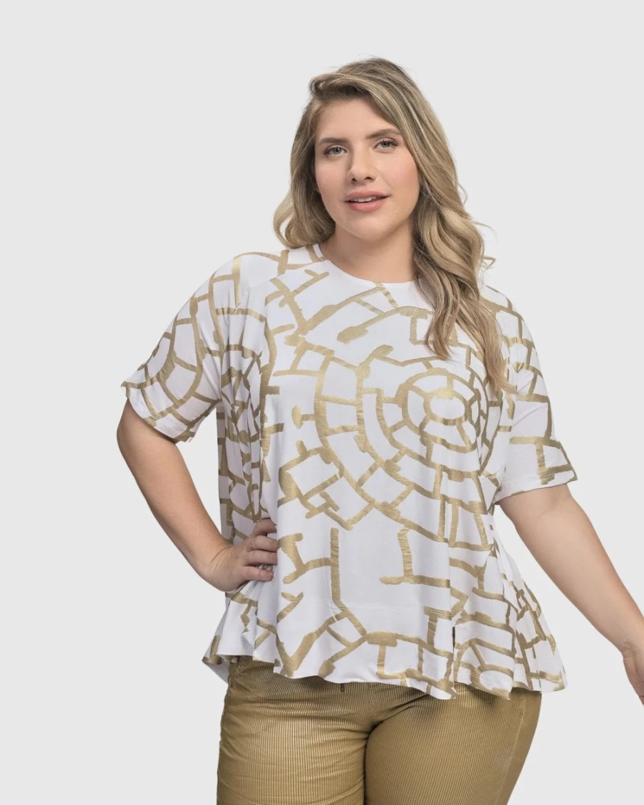 ALEMBIKA Women's Gold Hypnotic Swing Tunic Top - Elegant Boho Blouse for Women