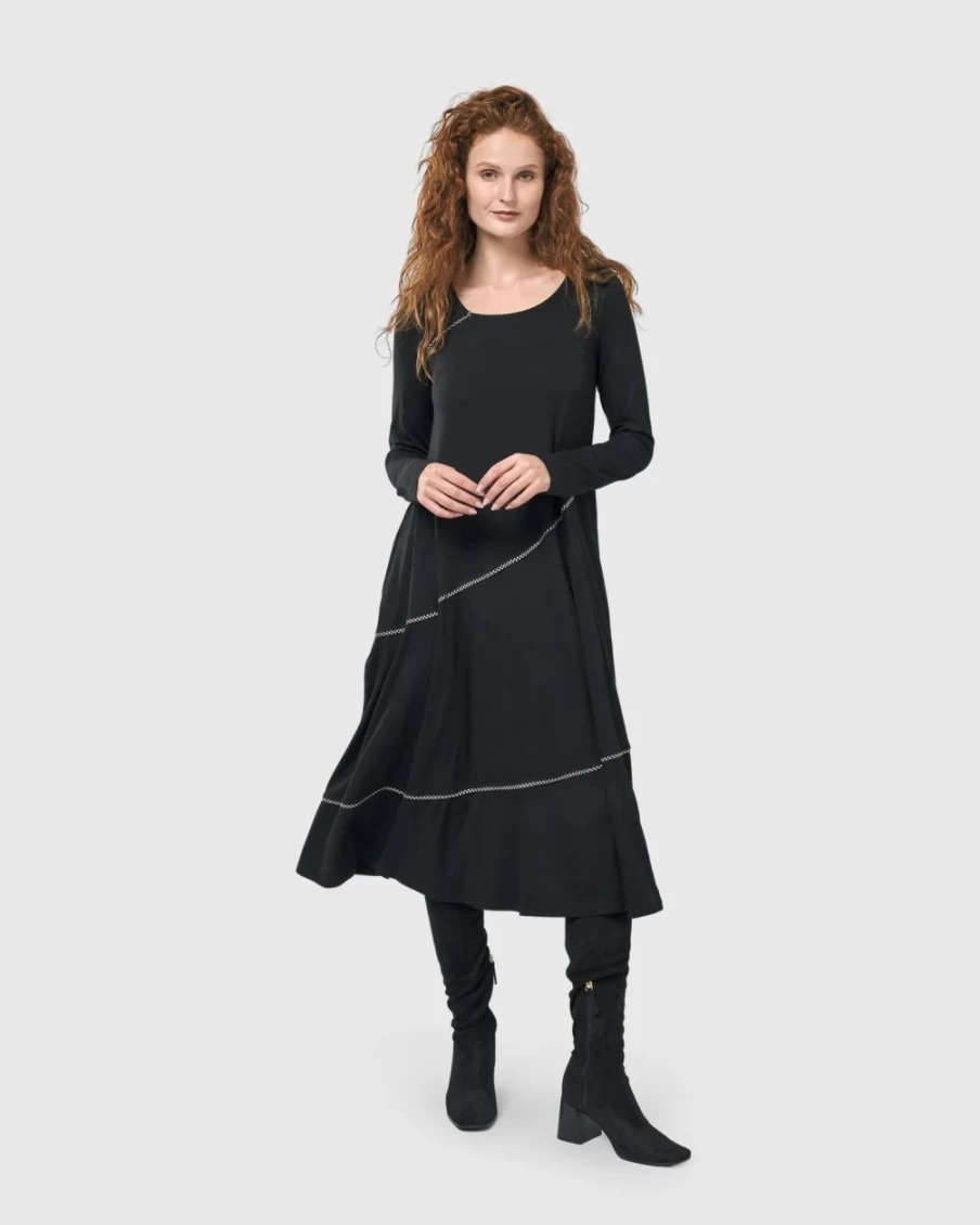 ALEMBIKA Women's Nightingale Pullover Midi Dress in Black - Elegant Casual Wear