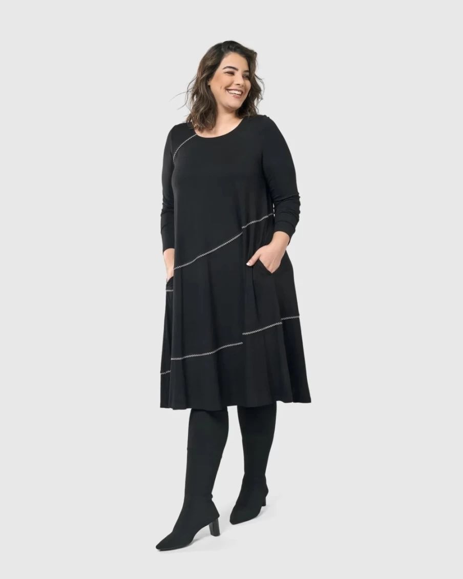 ALEMBIKA Women's Nightingale Pullover Midi Dress in Black - Elegant Casual Wear