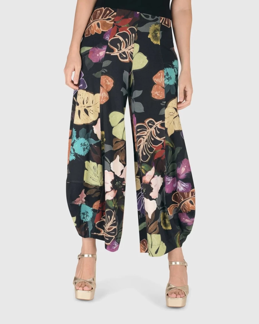ALEMBIKA Women's Bali Punto Pants - Multi-Colored Leaf Print Boho Beach Trousers