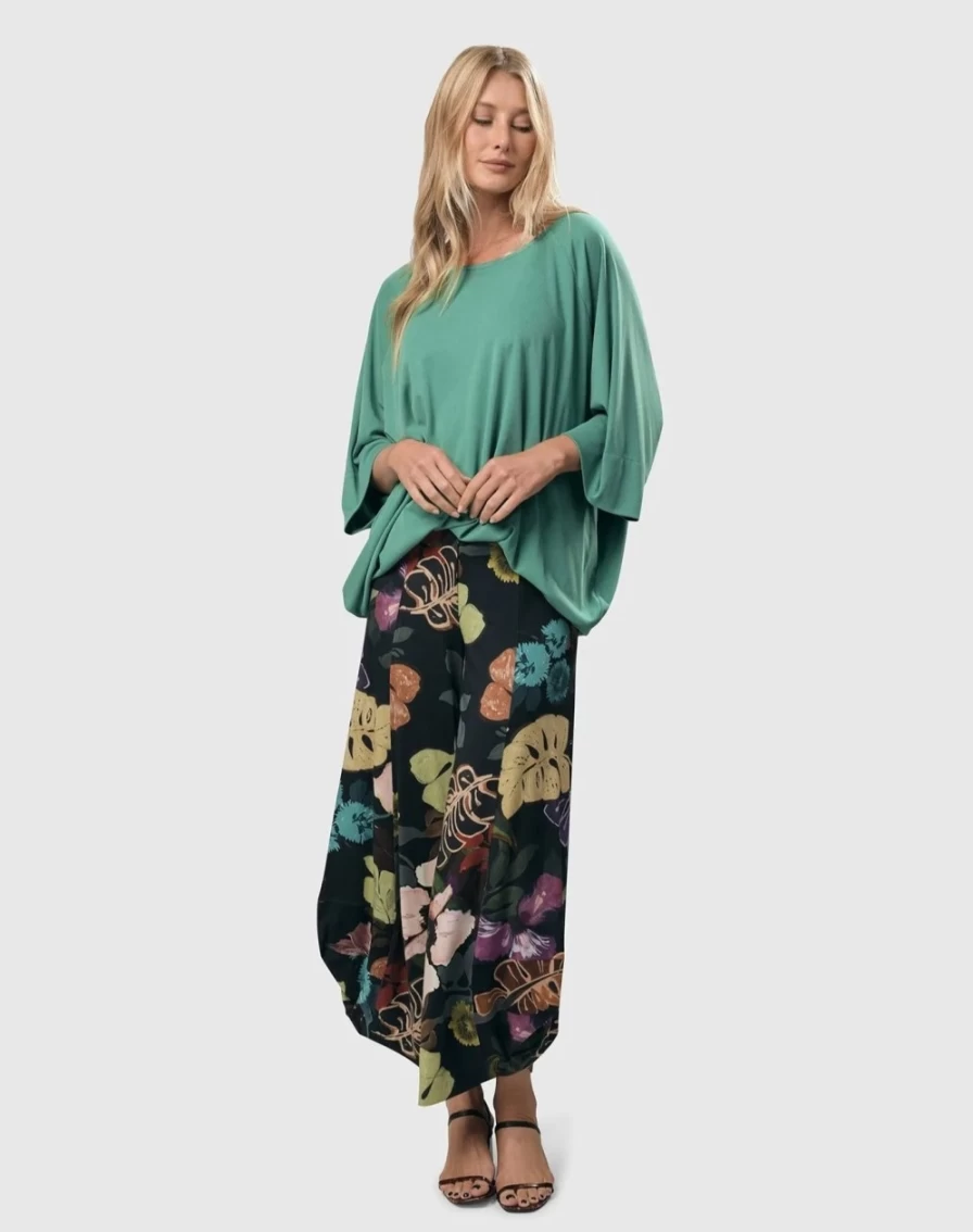 ALEMBIKA Women's Bali Punto Pants - Multi-Colored Leaf Print Boho Beach Trousers