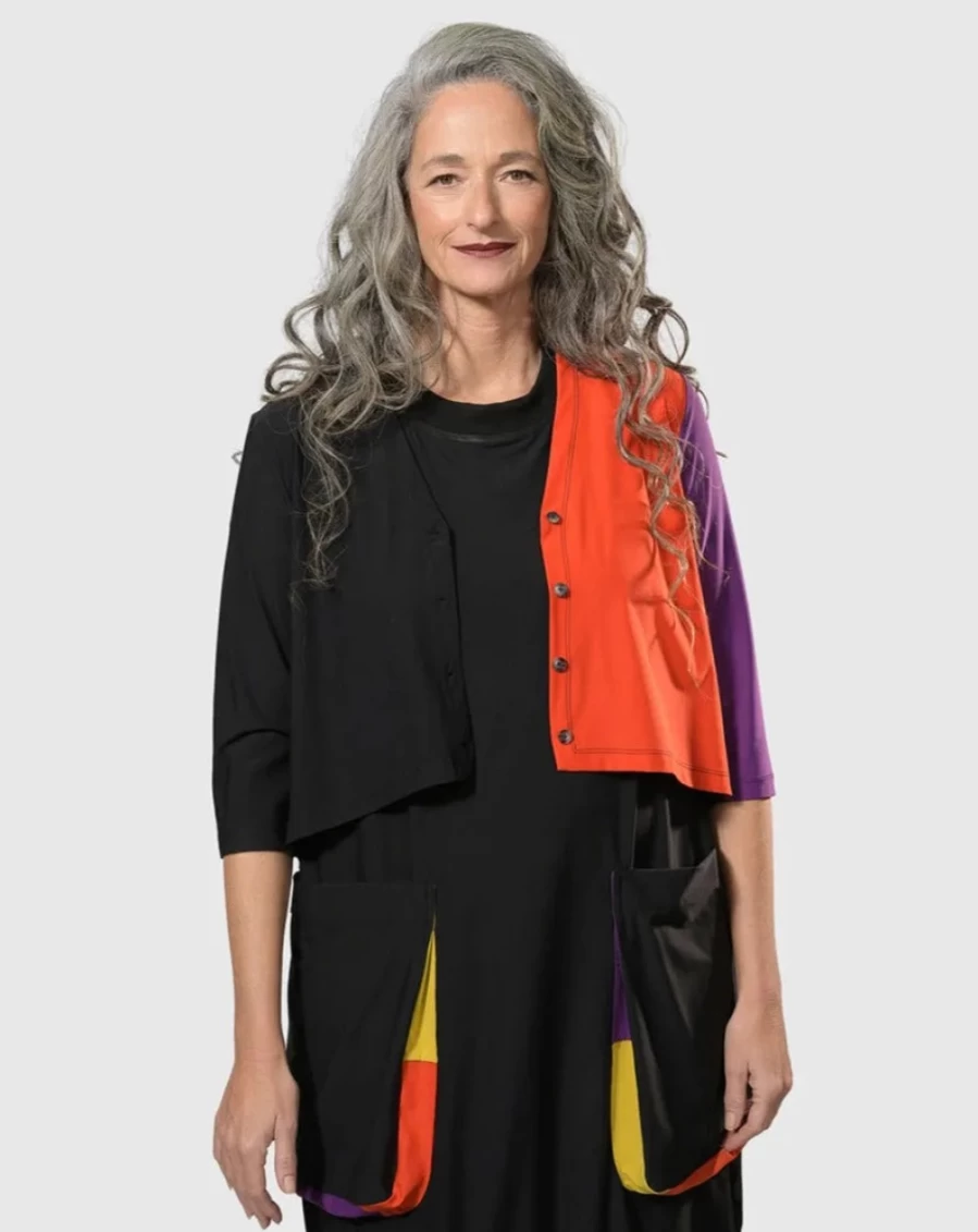 ALEMBIKA Women's Colorblock Cropped Cardigan Jacket - Stylish Multi-Color Open Front Sweater