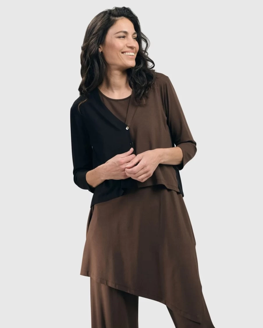 ALEMBIKA Women's Coffee Brown 2-Tone Crop Cardigan Essential Knit Sweater