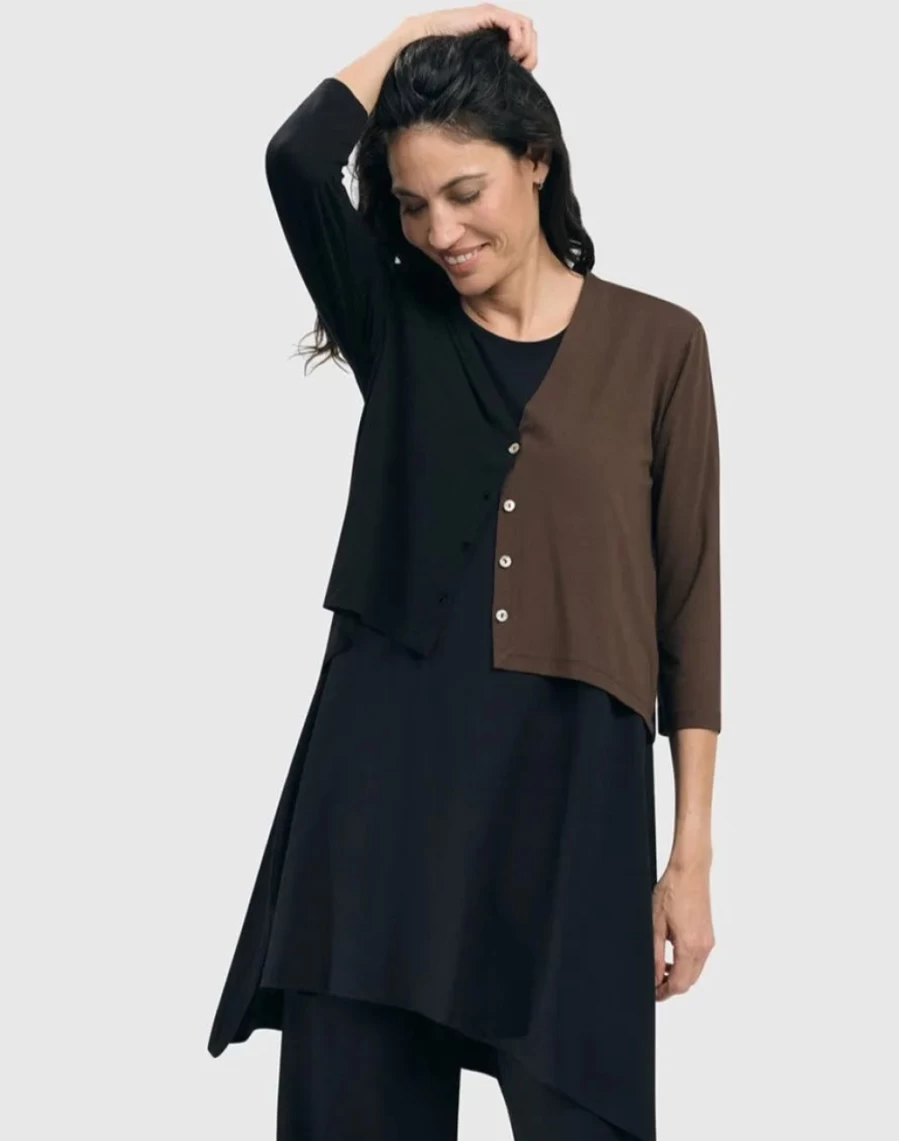 ALEMBIKA Women's Coffee Brown 2-Tone Crop Cardigan Essential Knit Sweater