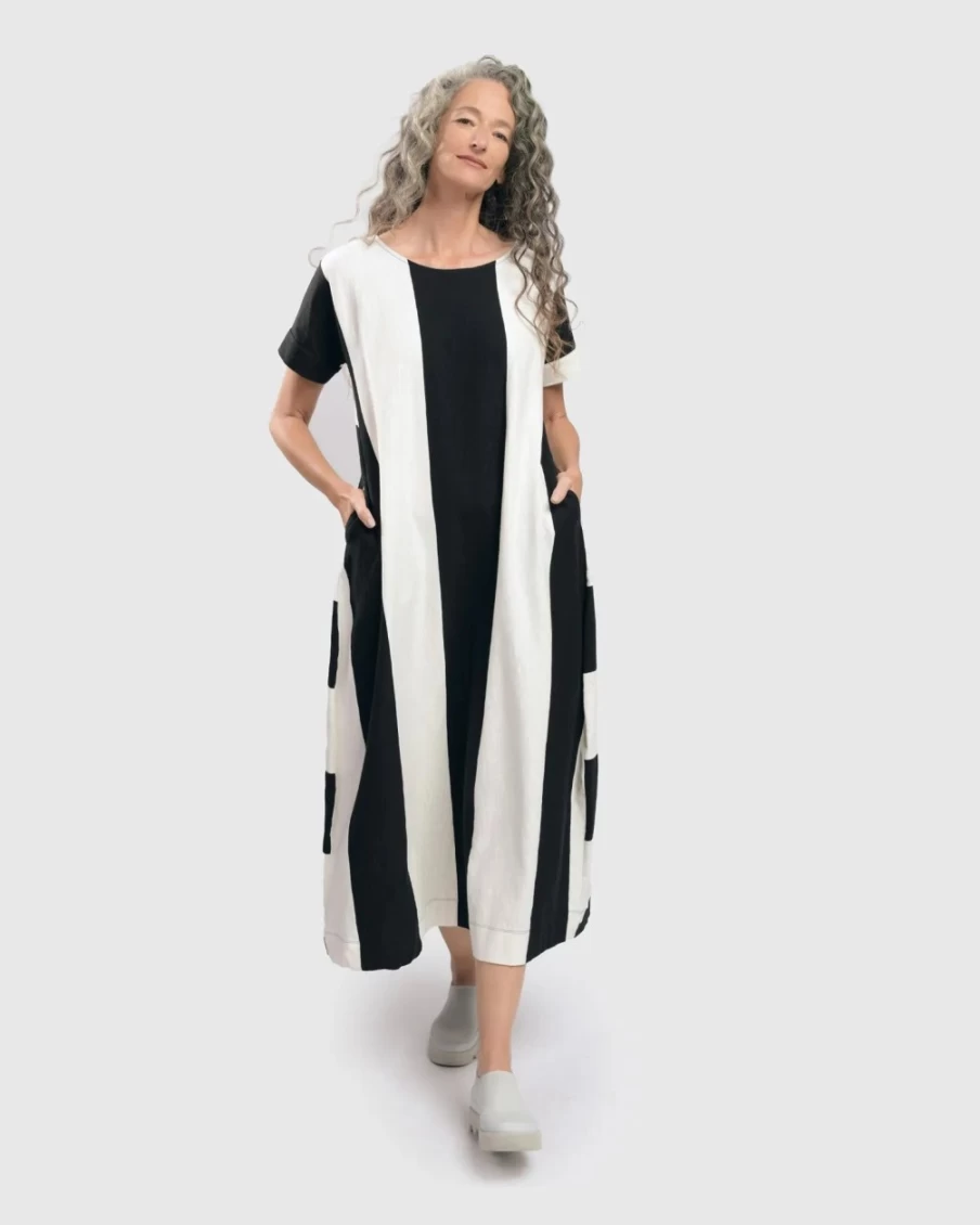 ALEMBIKA Women's Urban Anna White & Black Striped A-Line Maxi Dress