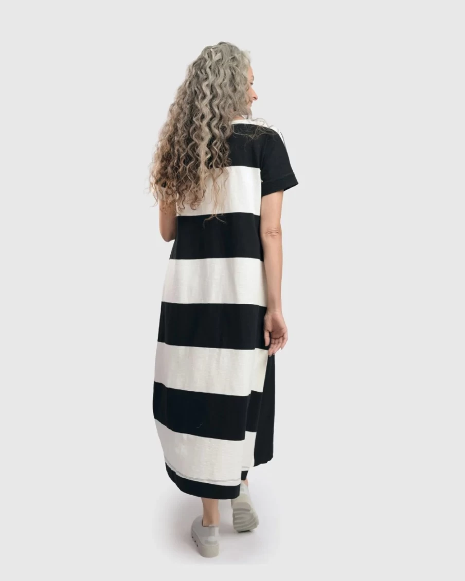 ALEMBIKA Women's Urban Anna White & Black Striped A-Line Maxi Dress