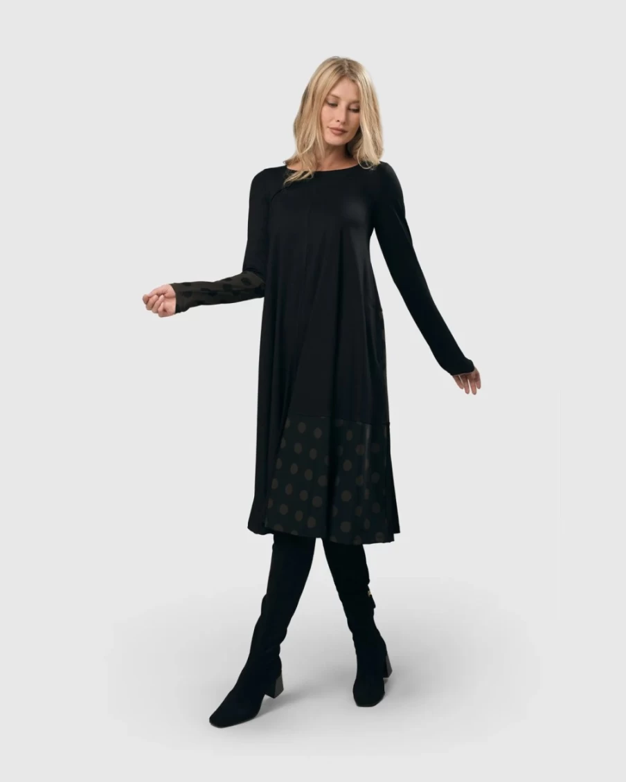 ALEMBIKA Women's Dot Print Trapeze Dress - Black & Khaki Casual Flowy Fit