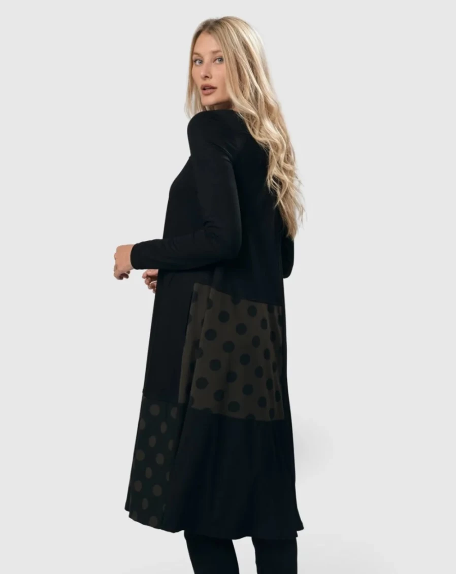 ALEMBIKA Women's Dot Print Trapeze Dress - Black & Khaki Casual Flowy Fit