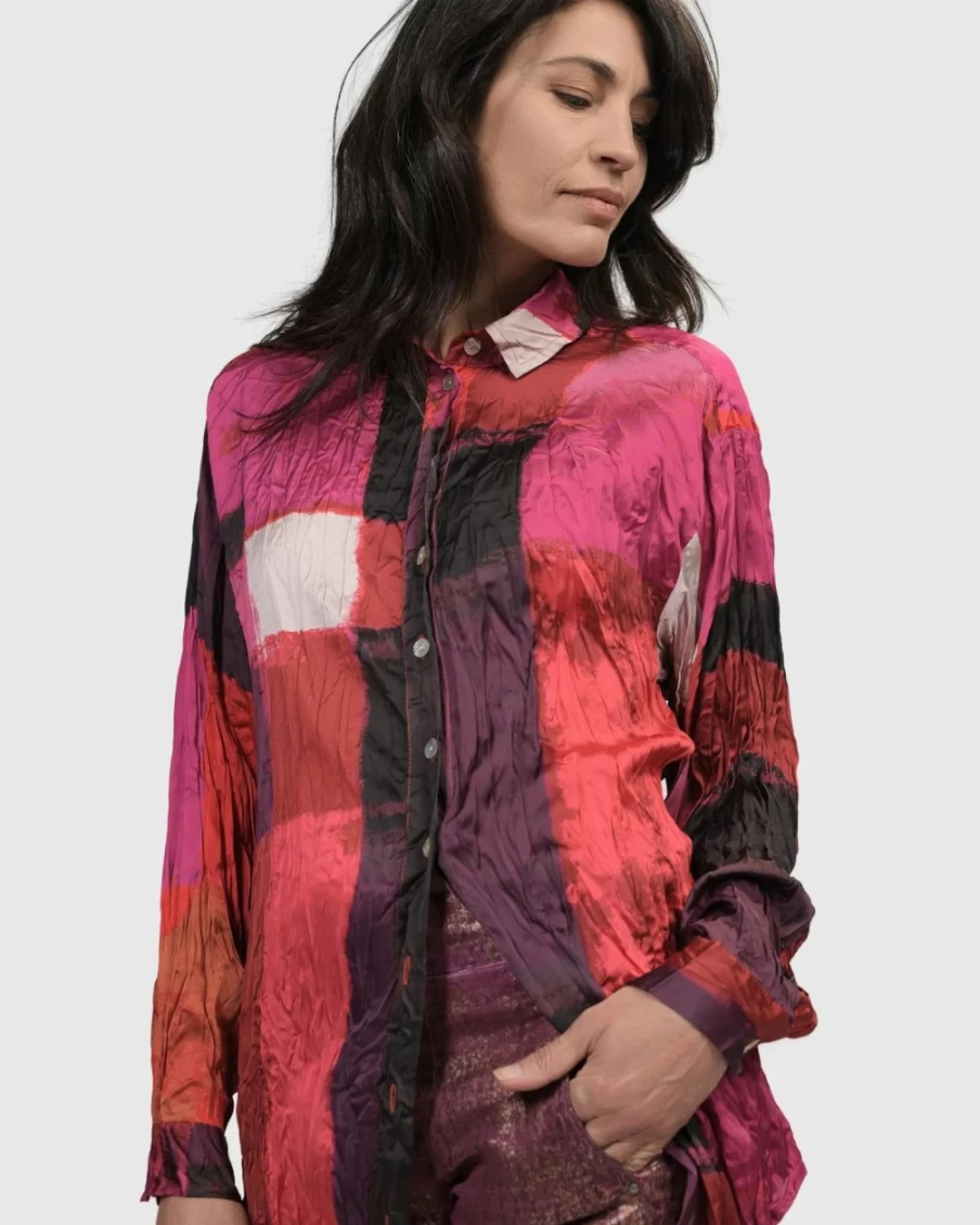 ALEMBIKA Women's Magenta Sunset Strip Button Down Shirt for Casual Wear