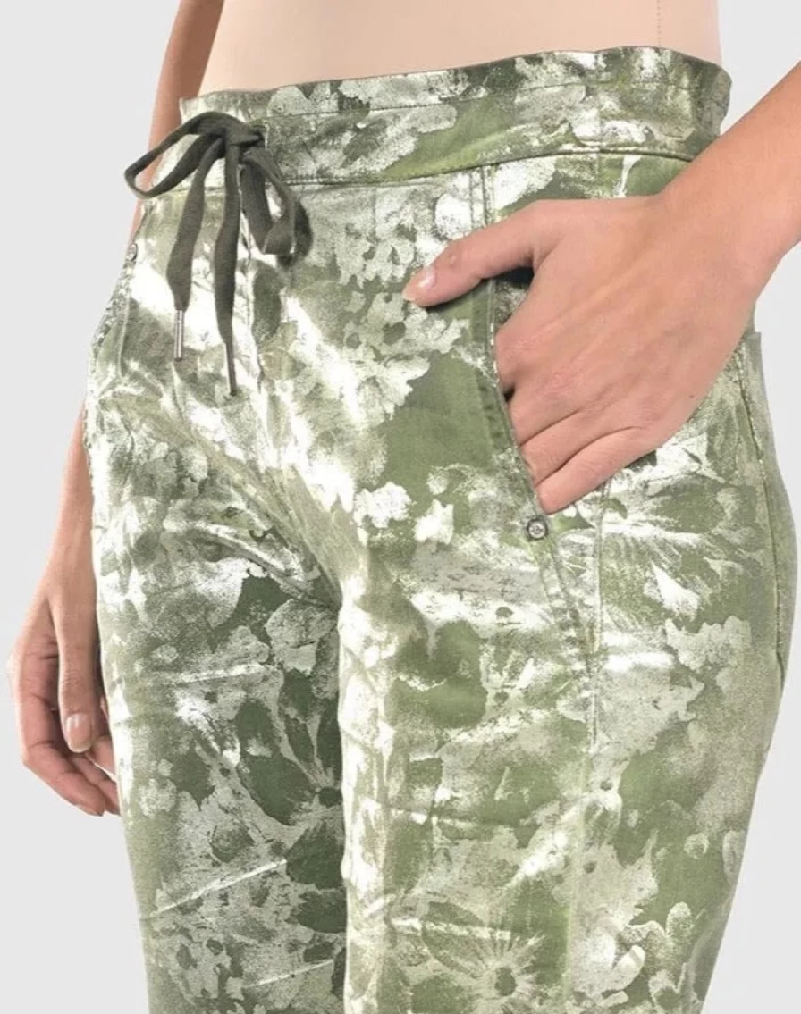 ALEMBIKA Women's Floral Iconic Stretch Jeans in Olive - Comfort Fit High Waisted Denim Pants