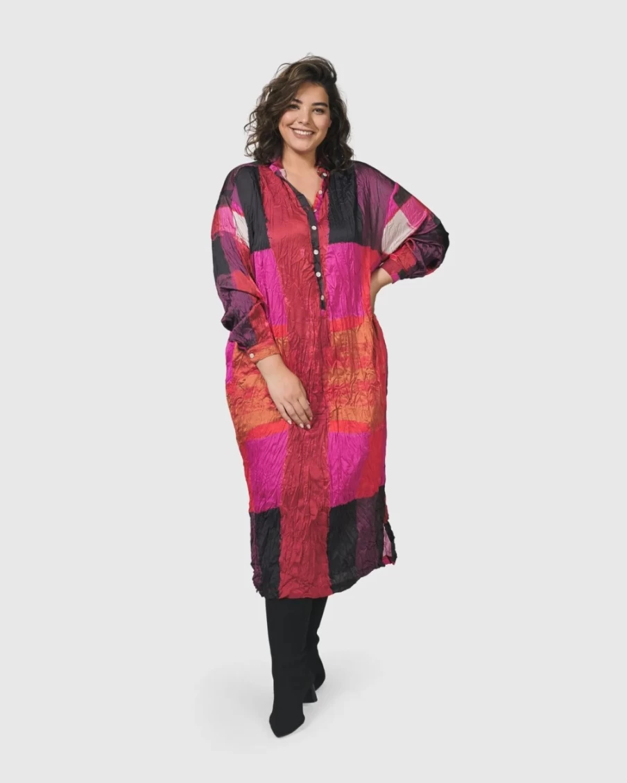 ALEMBIKA Women's Magenta Sunset Strip Shirt Dress - Boho Chic Long Sleeve Casual Wear