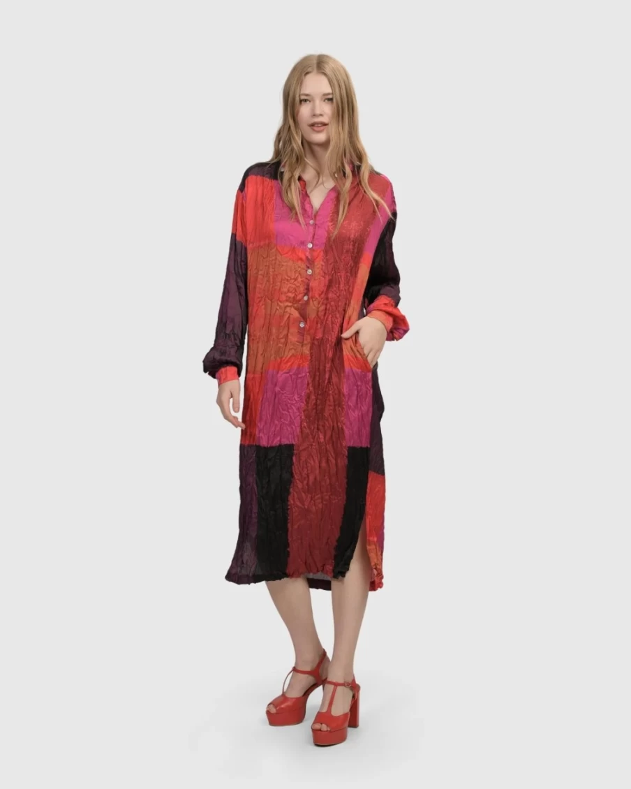 ALEMBIKA Women's Magenta Sunset Strip Shirt Dress - Boho Chic Long Sleeve Casual Wear