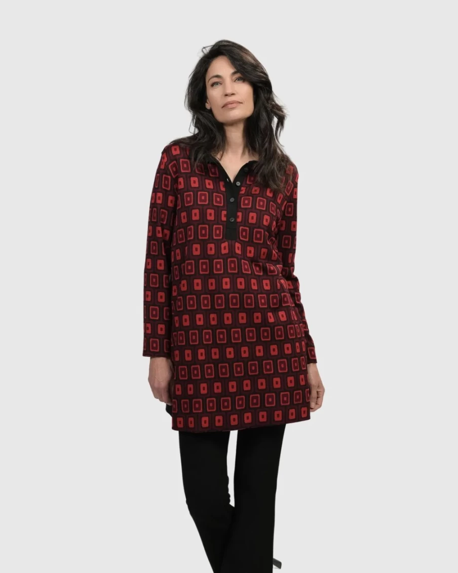 ALEMBIKA Women's Red Dynamite Days Button Down Tunic Top