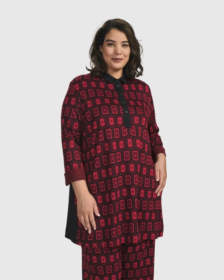 ALEMBIKA Women's Red Dynamite Days Button Down Tunic Top