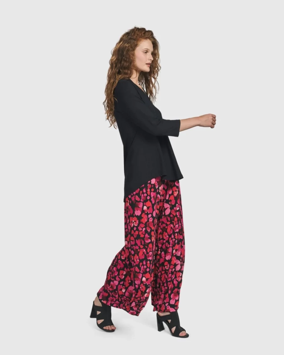 ALEMBIKA Women's Begonia Punto Pants with Petal Design - Floral Print High-Waisted Trousers