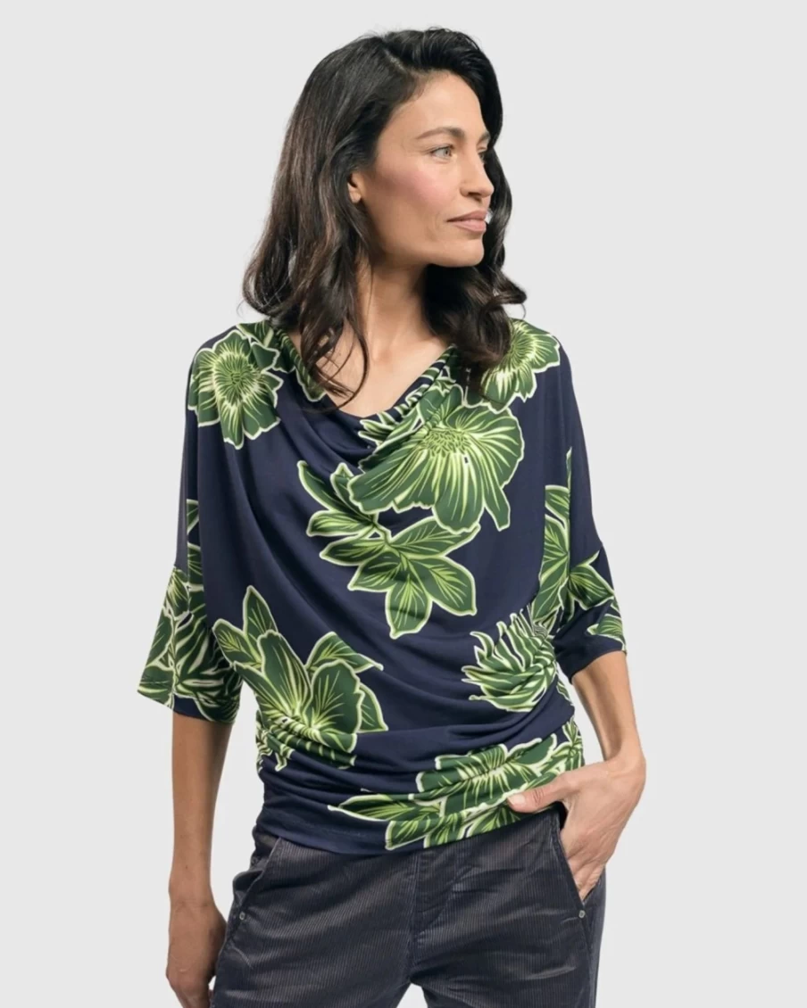 ALEMBIKA Women's Royal & Green Draped Dolman Top – Boho Chic Long Sleeve Blouse