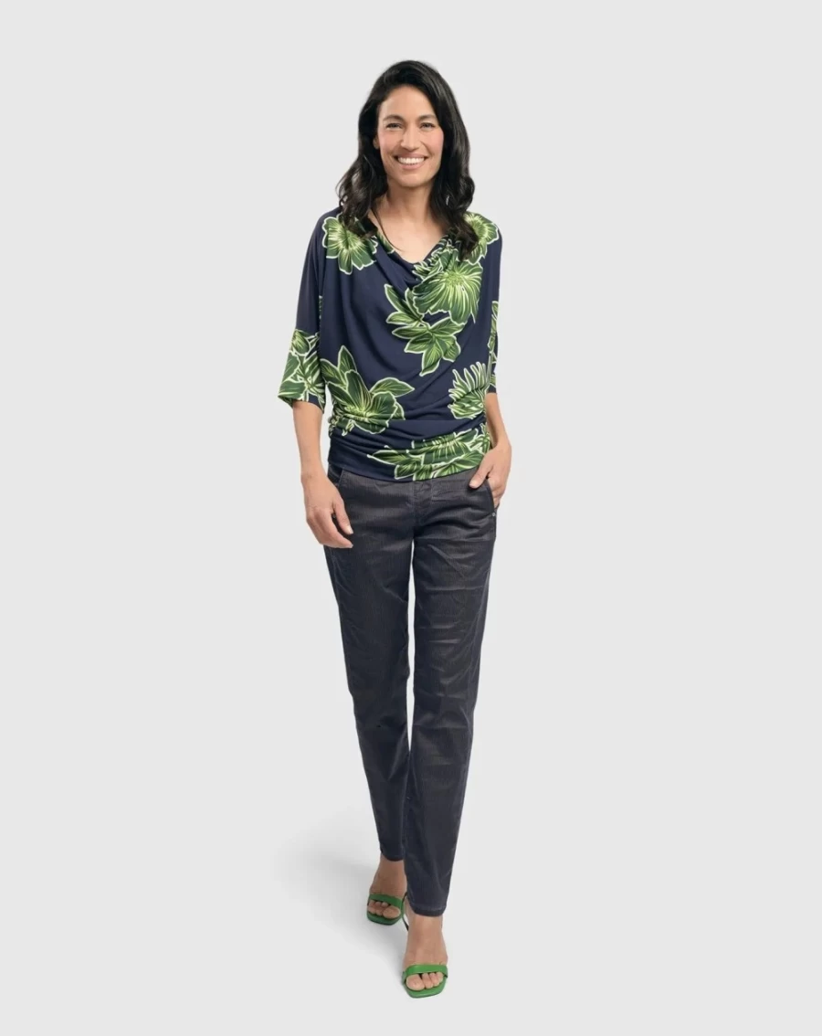 ALEMBIKA Women's Royal & Green Draped Dolman Top – Boho Chic Long Sleeve Blouse