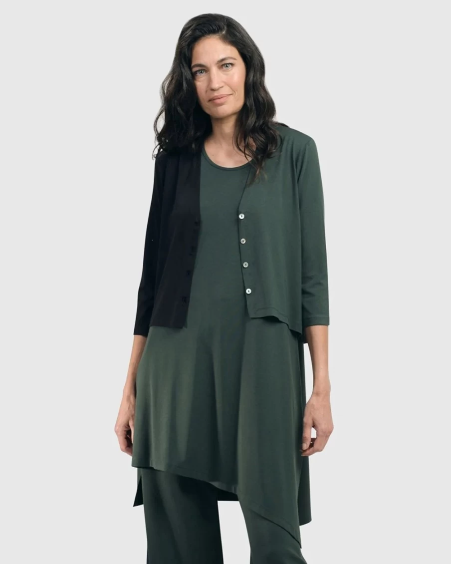 ALEMBIKA Women's Green Essential 2-Tone Crop Cardigan, Soft Knit Open Front Sweater